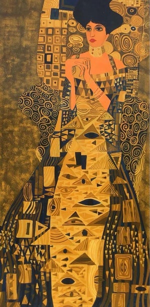 1980s Anne Bourassa Viennese Secession Style Portrait of a Woman in Gold Painting