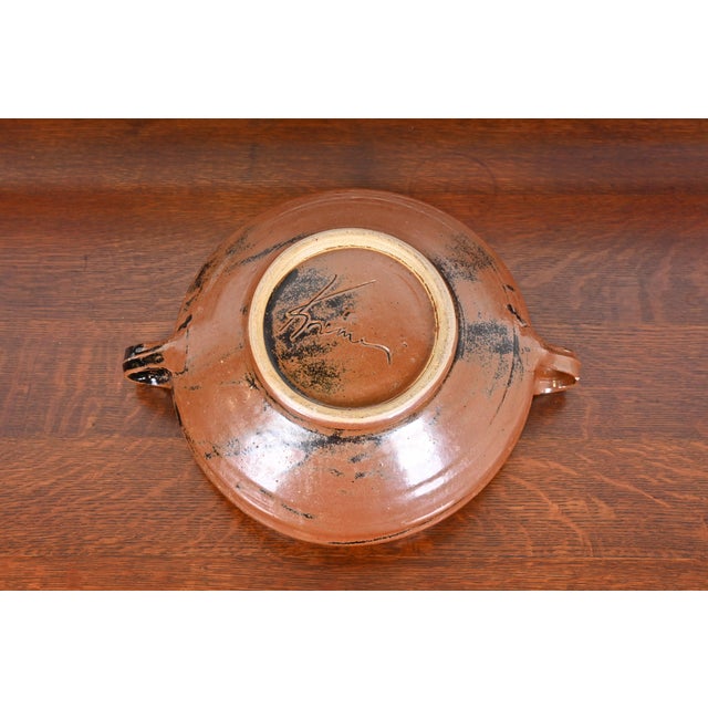 Large Painted Glazed Ceramic Studio Pottery Bowl With Handles From