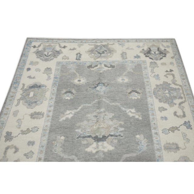 Early 21st Century Gray Floral Design Handwoven Wool Turkish Oushak Rug 4'9" X 6'5" For Sale - Image 4 of 7