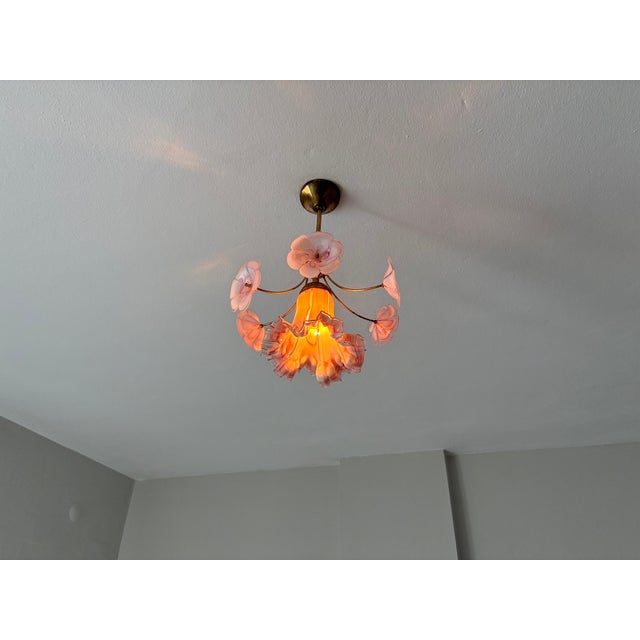 Vintage Murano Glass Ruffled Floral Pendant Light – Pink Swirl & Daisy Shades For Sale - Image 10 of 18