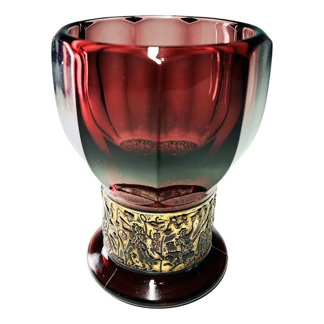 German Walther Amethyst Glass Vase with Embossed Gold Band, 1930s For Sale