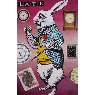 I'm Late by Zoa Ace | Mixed-Media Collage on Wood of a rabbit with clocks and playing cards For Sale