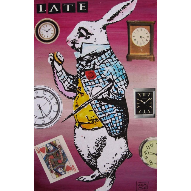 I'm Late by Zoa Ace | Mixed-Media Collage on Wood of a rabbit with clocks and playing cards For Sale
