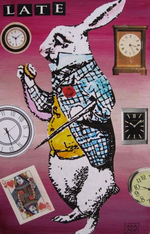 I'm Late by Zoa Ace | Mixed-Media Collage on Wood of a rabbit with clocks and playing cards