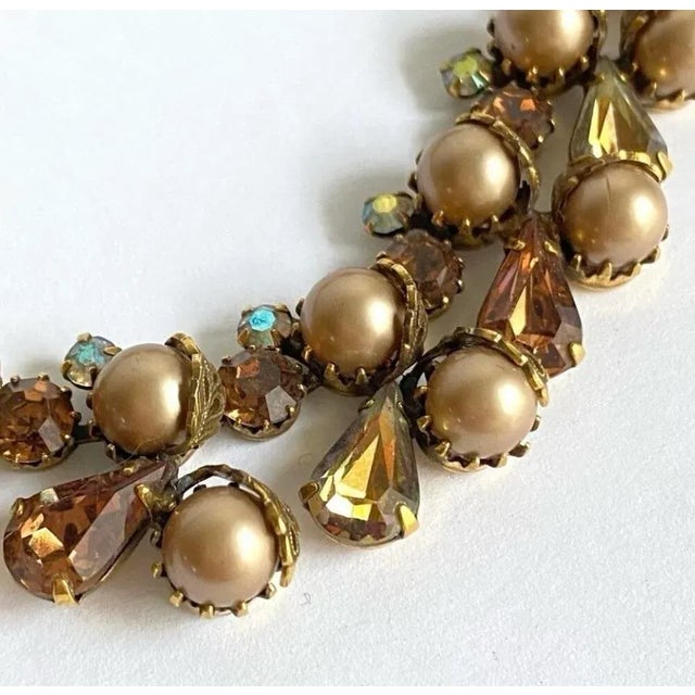 Kramer Kramer Necklace & Clip on Earrings Demi Parure Vintage 50s Pearl Rhinestone Aurora Borealis Crystal Signed For Sale - Image 4 of 12