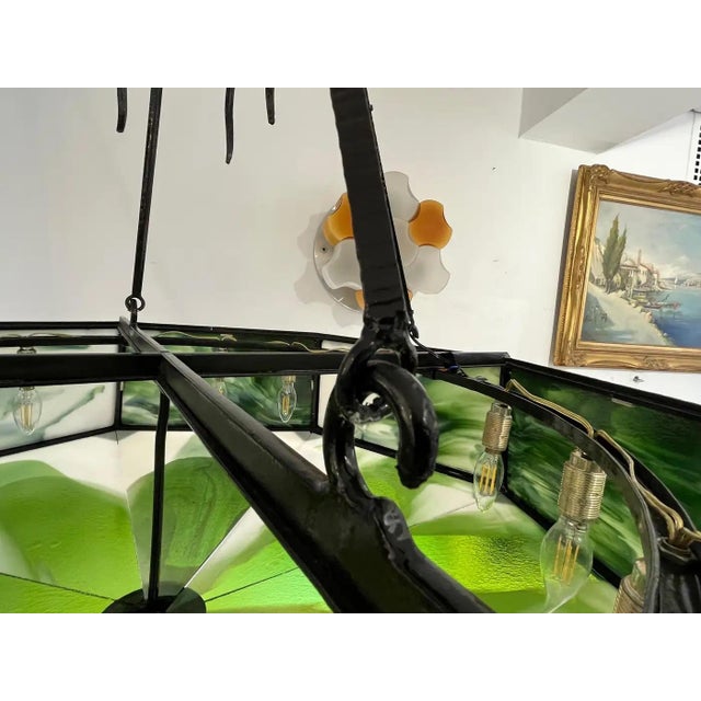 1930s Italian Art Deco White Green Murano Glass Black Iron Lantern For Sale - Image 10 of 12