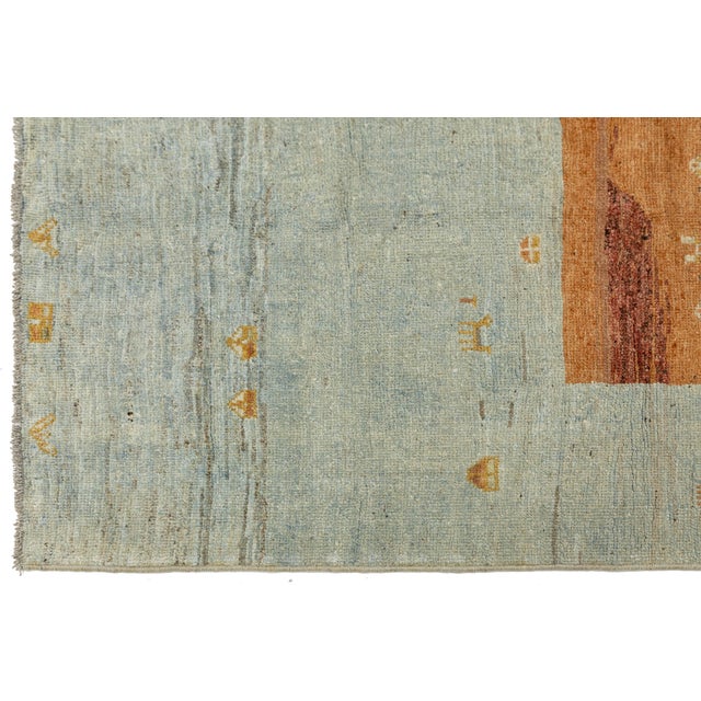 4x6 Modern Hand-Knotted Gabbeh Wool Rug – Vibrant Blue & Sunset Orange Tribal For Sale - Image 4 of 8