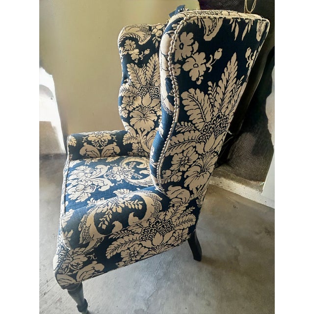 Barclay Butera Pair of Barclay Butera "Avery" Wing Chairs in Blue Damask For Sale - Image 4 of 7