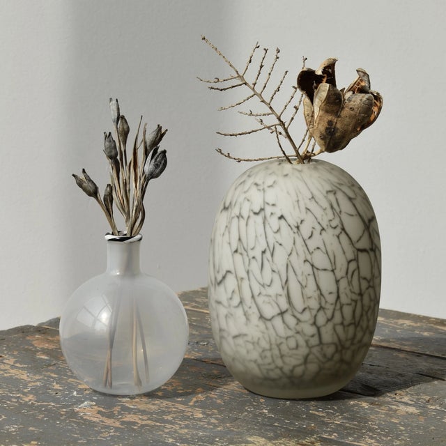 Vintage White + Black Frosted Swirl Blown Glass Vessel, Circa 1980s. Frosted, blown glass vessel with a white ground...