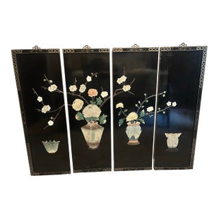 Vintage Mid-Century Chinese Black Lacquer & Soapstone Four Seasons Wall Panels - Set of 4 For Sale