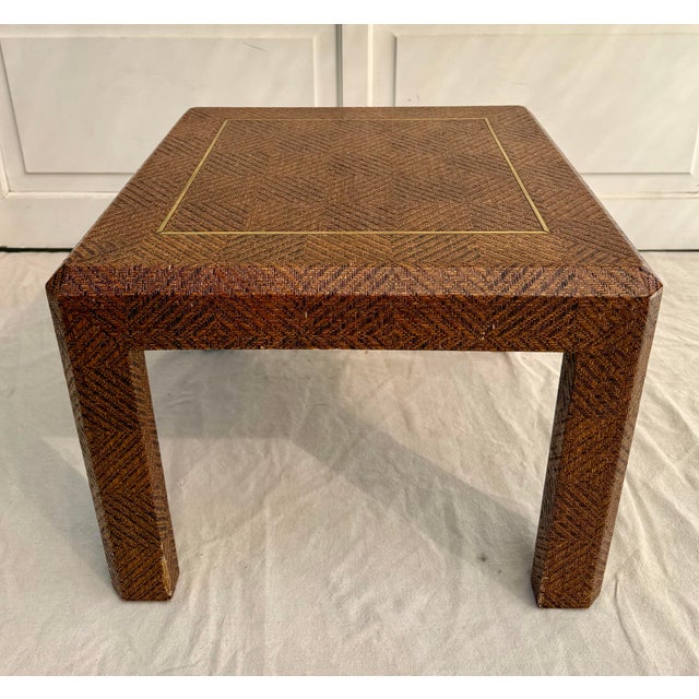 Attributed Harrison Van Horn Woven Reed Side Table With Geometric Pattern & Brass Inlay For Sale - Image 10 of 12