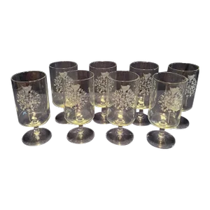 Set of 8 Georg Jensen Stemmed Etched Christmas Glasses, Partridge in a Pear Tree