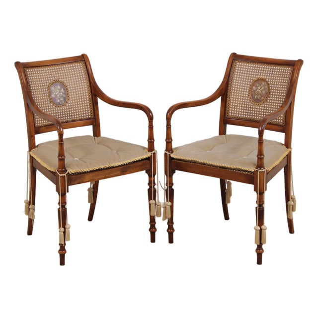 Pair English Adams Style Painted Back Cane Armchairs For Sale