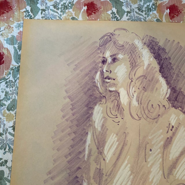 Paper Vintage 1970s French Charcoal Sketch on Paper For Sale - Image 7 of 9