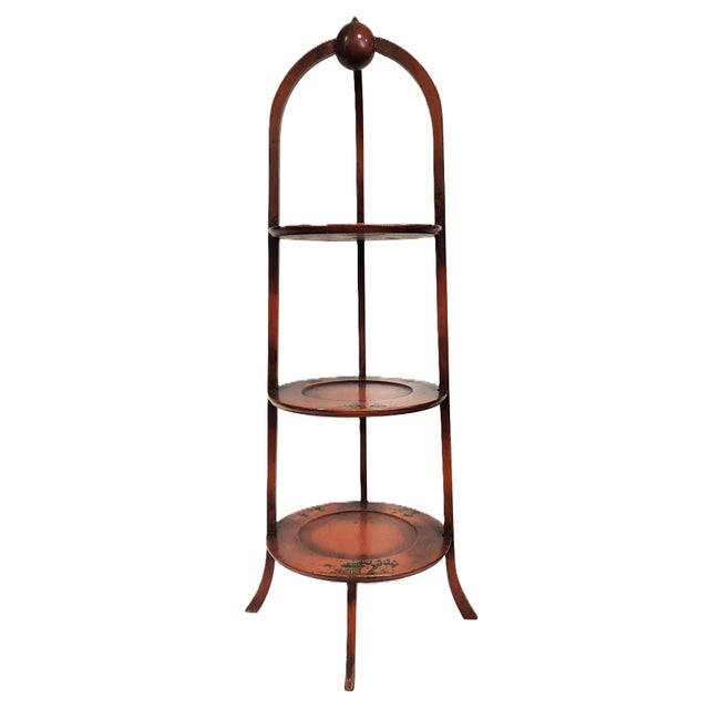 Wood Antique English Asian Style Red & Chinoiserie Painted Muffin Stand Etegere Table For Sale - Image 7 of 14