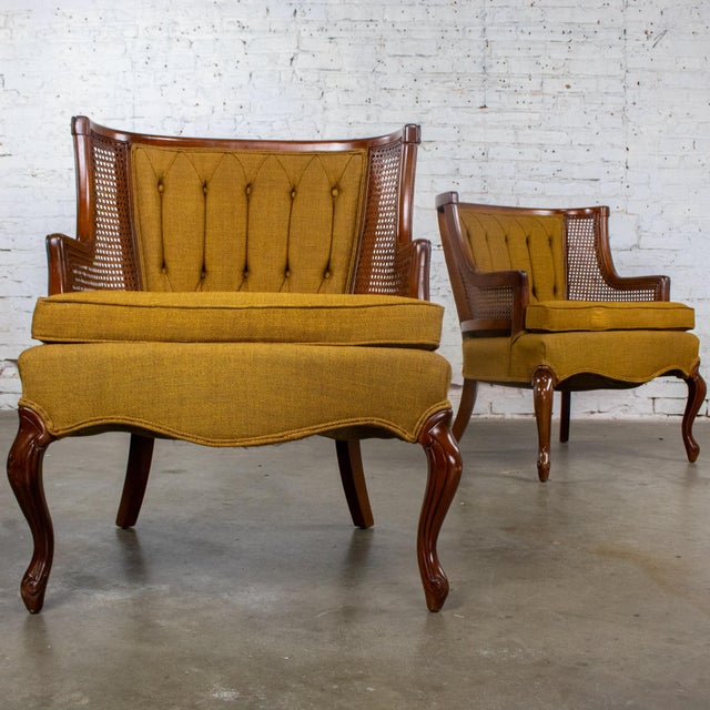 Gold Mid-20th Century French Country Louis XV or Bergere Style Pair Low Backed Chairs With Cane Wingbacks by Fairfield Chair For Sale - Image 8 of 18