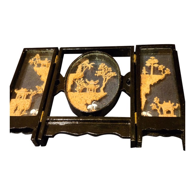 Vintage Chinese Hand-Carved Cork Art Folding Triptych Screen – Black Lacquer, San Yip, Hong Kong For Sale