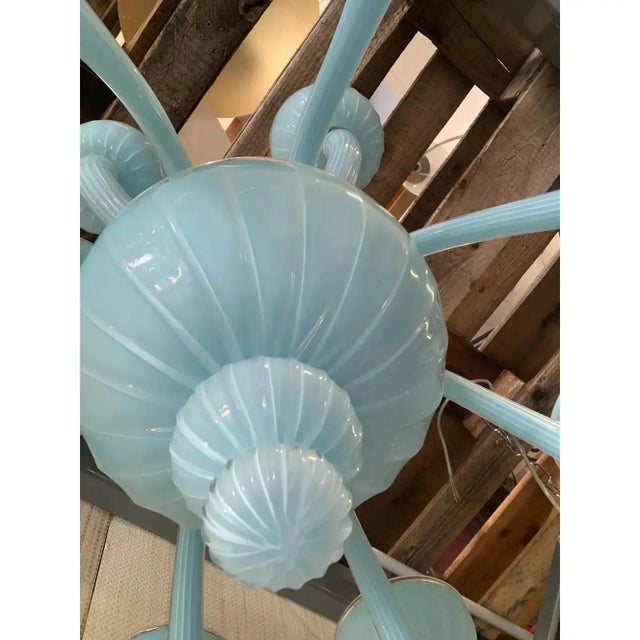 Mid-Century Modern Contemporary Matte Light-Blue Murano Style Glass Chandelier For Sale - Image 3 of 11