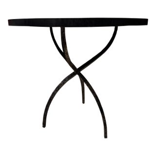 Hammered iron base with a Black Ceruse Oak Top End Table For Sale