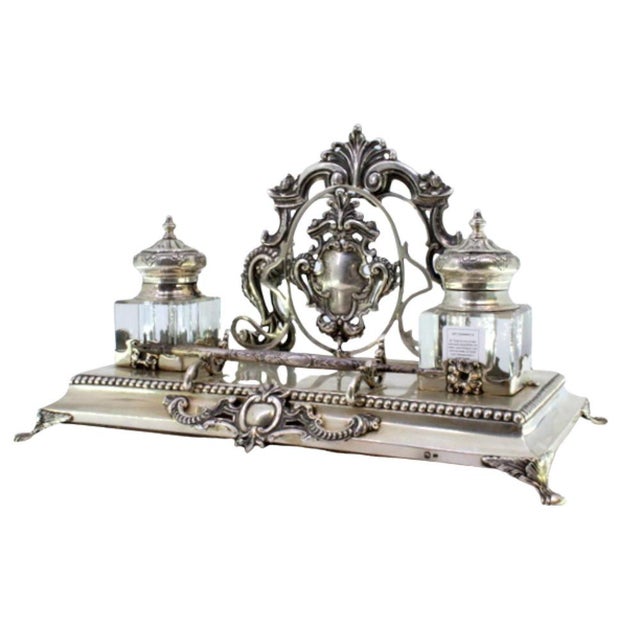 Metal Cut Silver and Glass Inkwell with Letter and Pen Holder, Monogram Cards and Raised Feet For Sale - Image 7 of 7