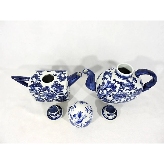 Ceramic Vintage Chinese Blue & White Porcelain Tea Pot Set & Ornamental Egg Paperweight - 3 Pieces For Sale - Image 7 of 8