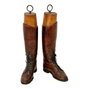 Antique Mens English Leather Equestrian Riding Boots With Wood & Brass Trees Marked Manfield 1629 Chestnut St. Philadelphia