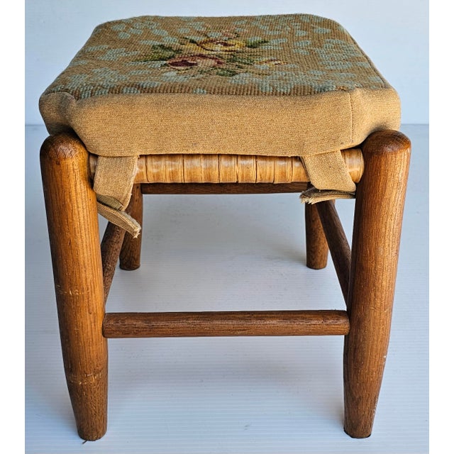 Mid Century Maple and Tapestry Needlepoint Upholstered Footstool For Sale - Image 4 of 7