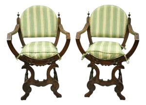 Early 1900s Antique Italian Renaissance Carved Walnut Savonarola Throne Arm Chairs - a Pair