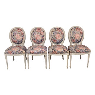 1980s French Style Shabby Chic Dining Chairs Floral Upholstery Distressed Crackle Finish - Set of 4 For Sale