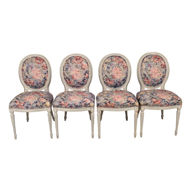 1980s French Style Shabby Chic Dining Chairs Floral Upholstery Distressed Crackle Finish - Set of 4 For Sale