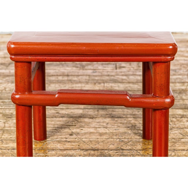 Qing Dynasty 19th Century Red Lacquer Side Table with Humpback Stretcher For Sale - Image 12 of 12