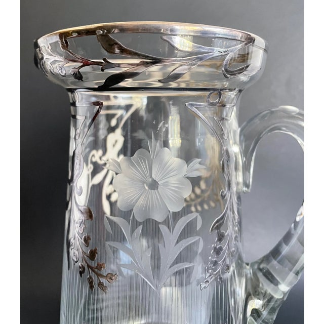 Art Deco Sterling Silver Inlay Etched Glass Pitcher For Sale - Image 4 of 12