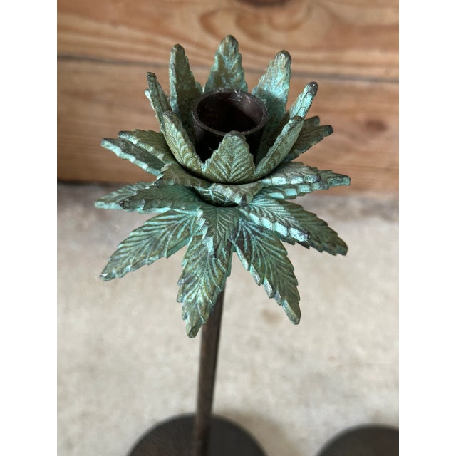 Traditional Pair of Tropical Coastal Palm Tree Metal Candlesticks With Verdigris Green Fronds For Sale - Image 3 of 12