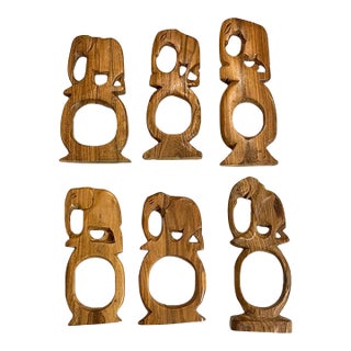 Mid 20th Century Mid Century Modern Set of Hand Carved Wood Elephant Napkin Rings - Set of 6 For Sale