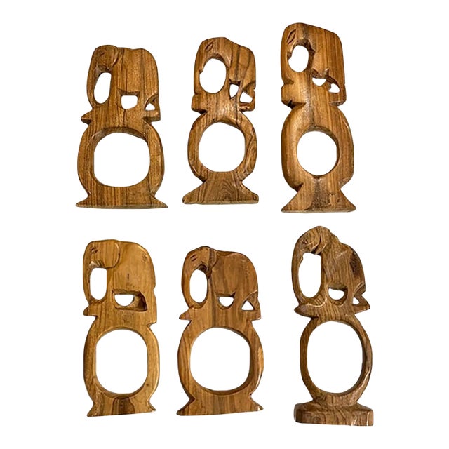 Mid 20th Century Mid Century Modern Set of Hand Carved Wood Elephant Napkin Rings - Set of 6 For Sale