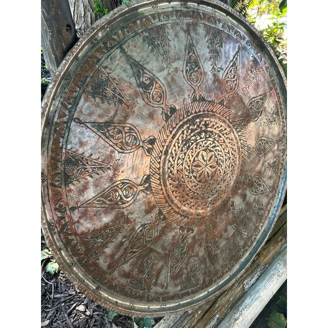 Oversized 33" Antique Middle Eastern Heavy Tinned Copper Table Tray Top - 12lbs For Sale - Image 4 of 12