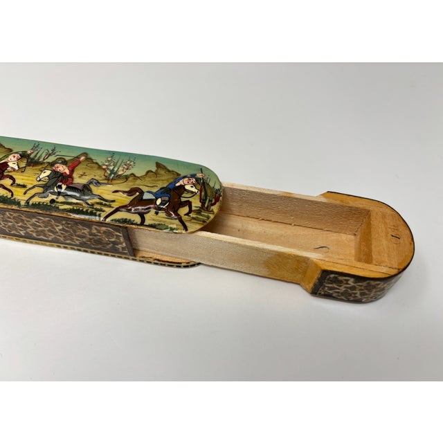 Khatam Marquetry Qalamdan Pen Box With Hand-Painted Equestrian Miniature 1940s For Sale - Image 12 of 13