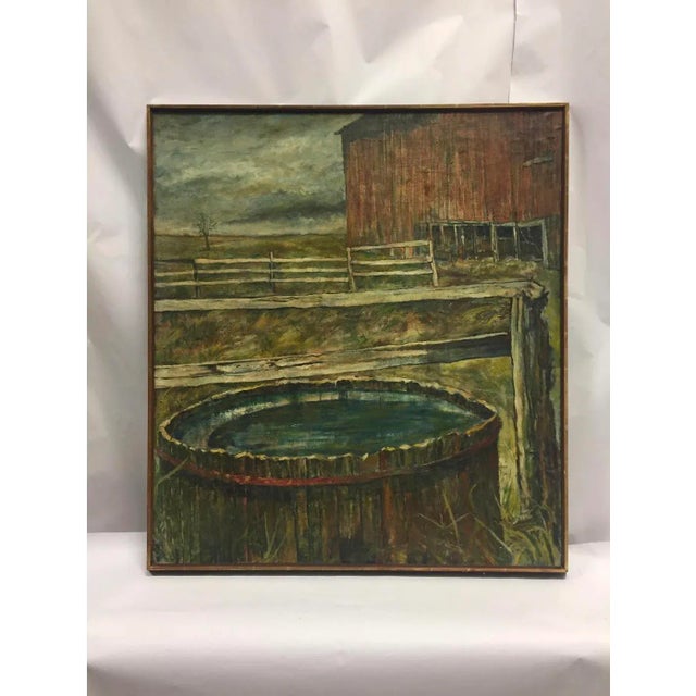 Rustic Late 20th Century Rustic Barn Scene Oil Painting, Framed For Sale - Image 3 of 5