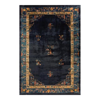 1920s Antique Chinese Art Deco Wool Floral Manchester Blue Hand Knotted Rug For Sale