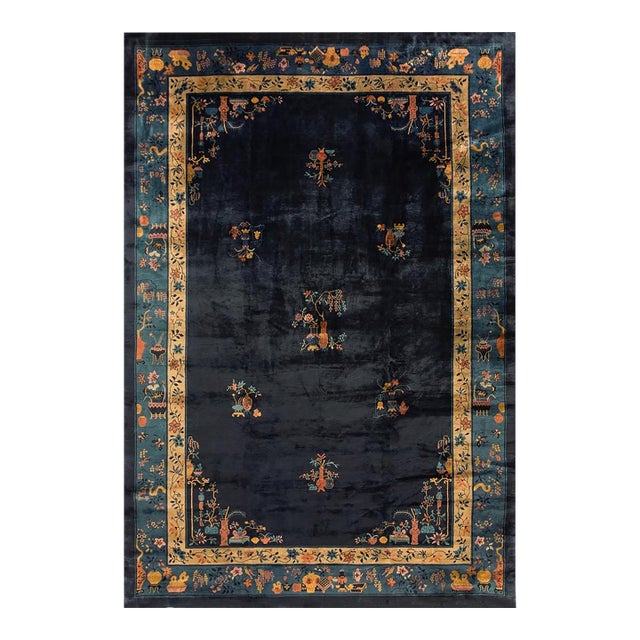 1920s Antique Chinese Art Deco Wool Floral Manchester Blue Hand Knotted Rug For Sale