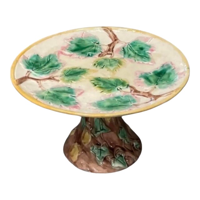 Vintage Majolica Botanical Pedestal Dish / Footed Ivy Leaf Comport For Sale