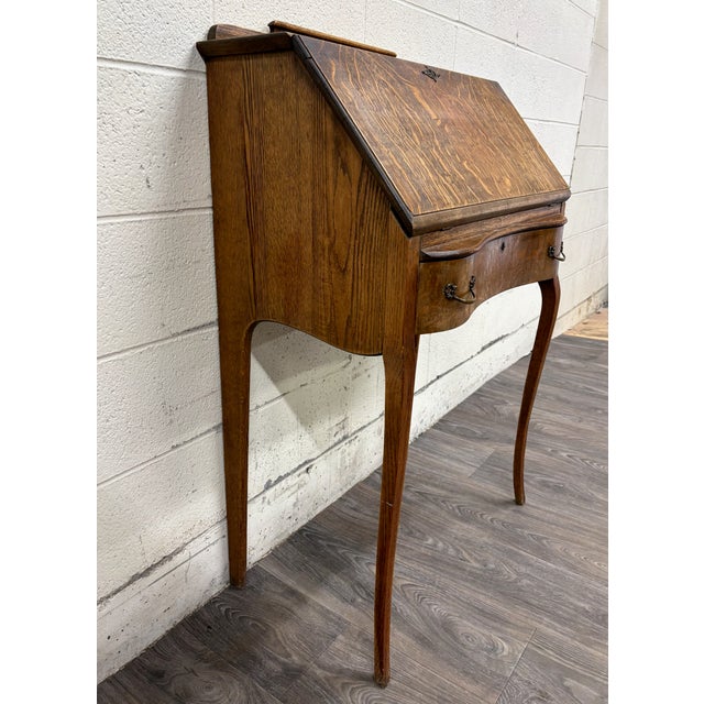 Antique Oak Slant Front Fall Front Secretary Desk For Sale - Image 4 of 18