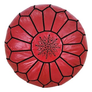 Handcrafted Moroccan Leather Pouf Cover – Red Genuine Goat Leather, Hand-Stitched in Marrakech For Sale