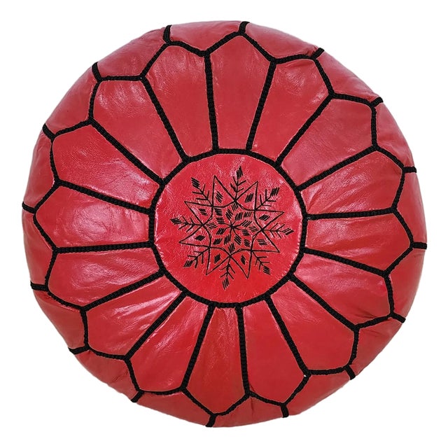 Handcrafted Moroccan Leather Pouf Cover – Red Genuine Goat Leather, Hand-Stitched in Marrakech For Sale