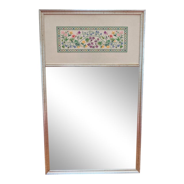 Large Vintage Floral Cross-Stitch Silver Leaf Wall Mirror For Sale