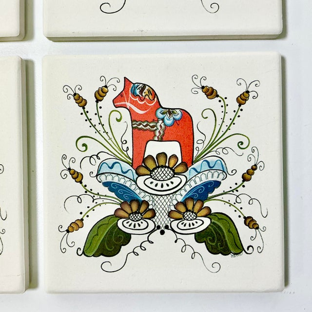 Stone Late 20th C Swedish Gustavian Boho Chic Dala Horse Coasters - Set of 4 For Sale - Image 7 of 10