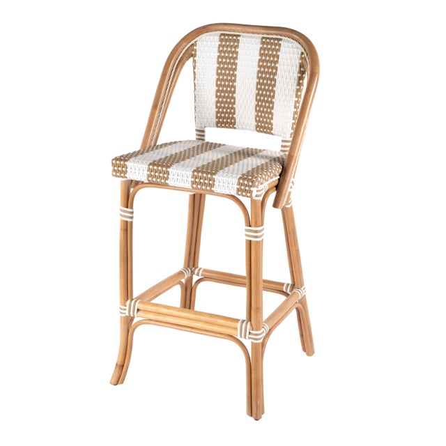 Lila Rattan 28 in. Seat Height Bar Stool with Back and Footrest, Beige and White For Sale - Image 9 of 9
