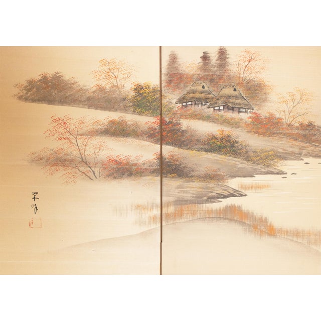 1960s Shōwa Era Japanese Silk Byobu Screen "Autumn Landscape With River" For Sale - Image 4 of 18