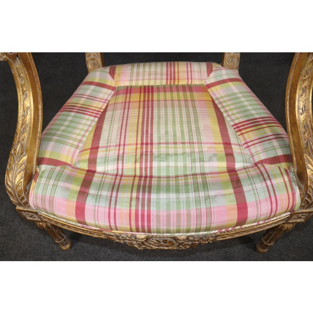 Pair of Louis XVI Style Gilt Carved Arm Chairs With Plaid Upholstery For Sale - Image 10 of 15