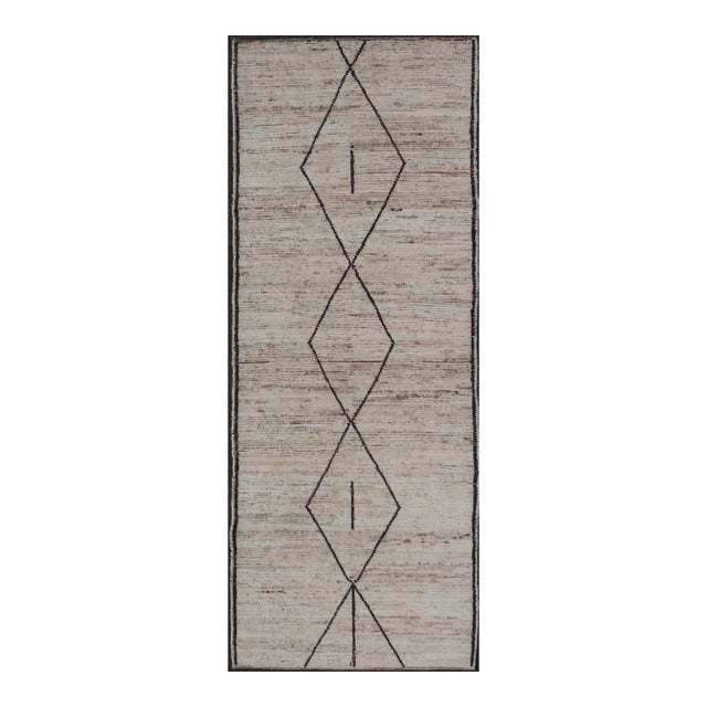 Modern Tribal Runner With Sub-Geometric Diamond Design in Cream and Brown 3'4 X 9'6 For Sale